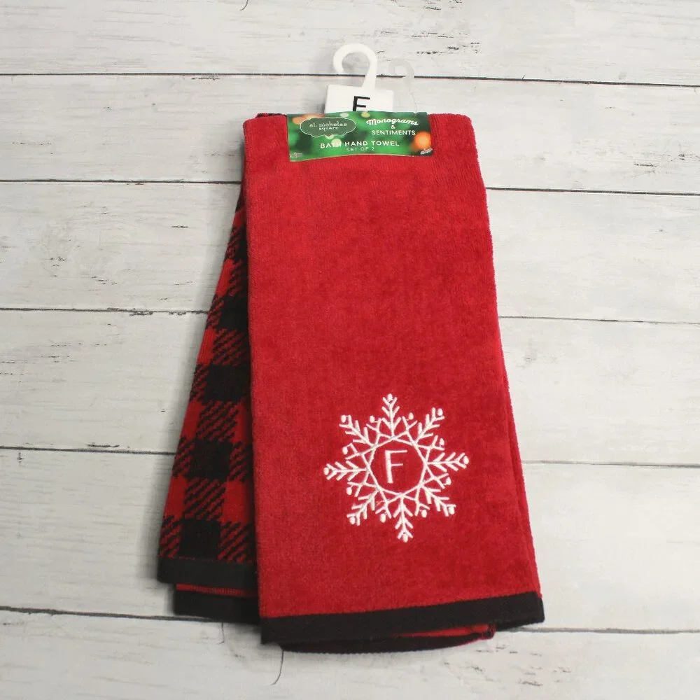 St. Nicholas Square Monogram Hand Towel Set Letter P Red Buffalo Plaid